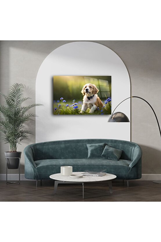 Canlı Mavi Çiçekler Arasında Oturan Sevimli Yavru Köpek Kanvas Tablo