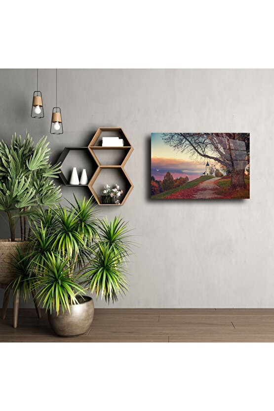 Kırsal Kilise ve Sonbahar Yolu Cam Tablo