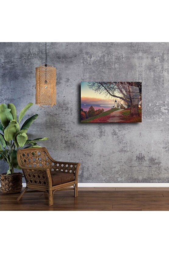 Kırsal Kilise ve Sonbahar Yolu Cam Tablo