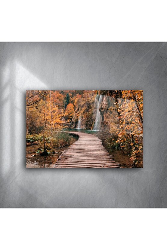 Sonbahar Yolu ve Şelale Temalı Cam Tablo