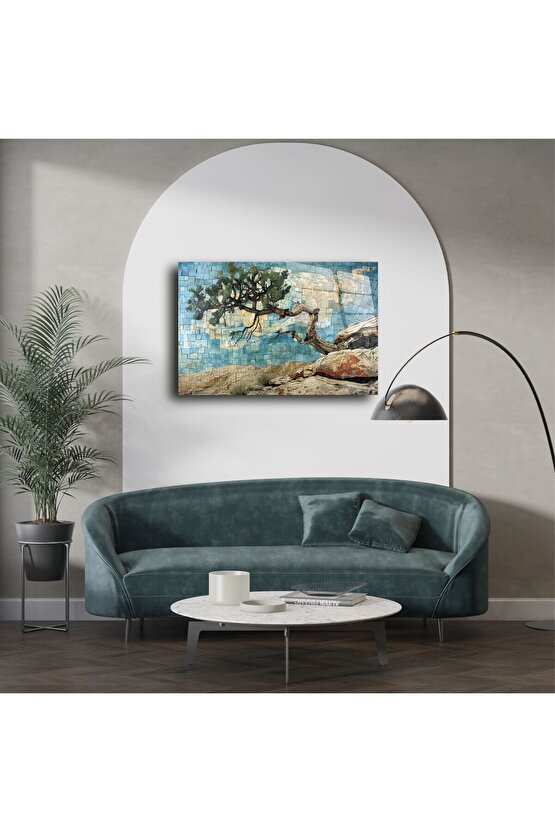 Zarif Mavi Mozaik Ağaç Duvar Sanatı