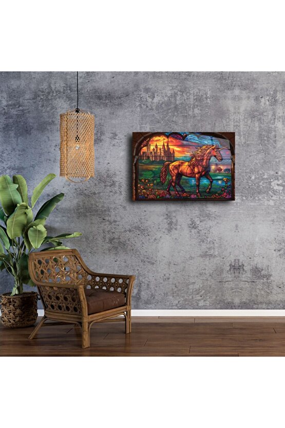 Tek Boynuzlu At ve Kale Cam Tablo