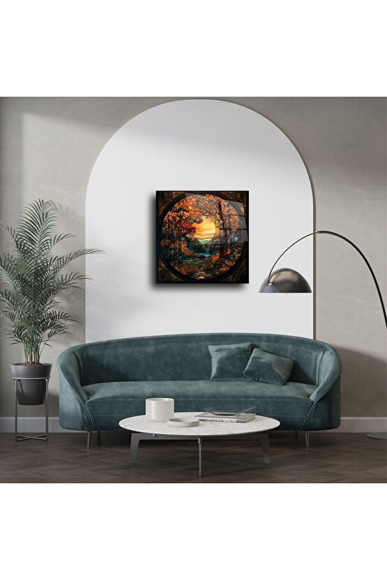 Sonbahar Ormanı Günbatımı Cam Tablo