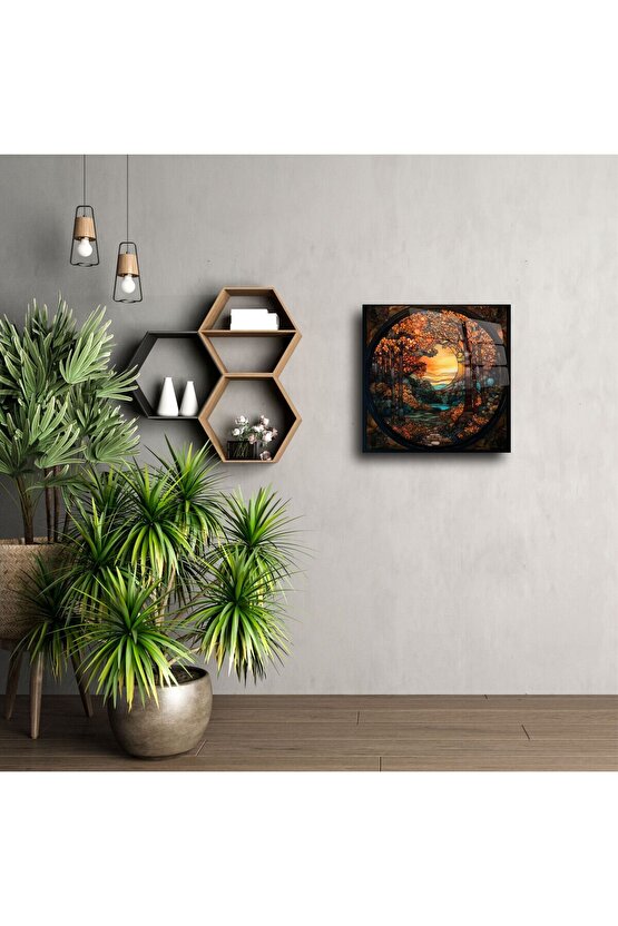 Sonbahar Ormanı Günbatımı Cam Tablo