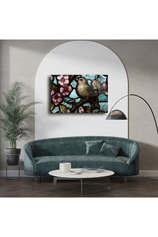 Kuş ve Çiçek Desenli Cam Tablo
