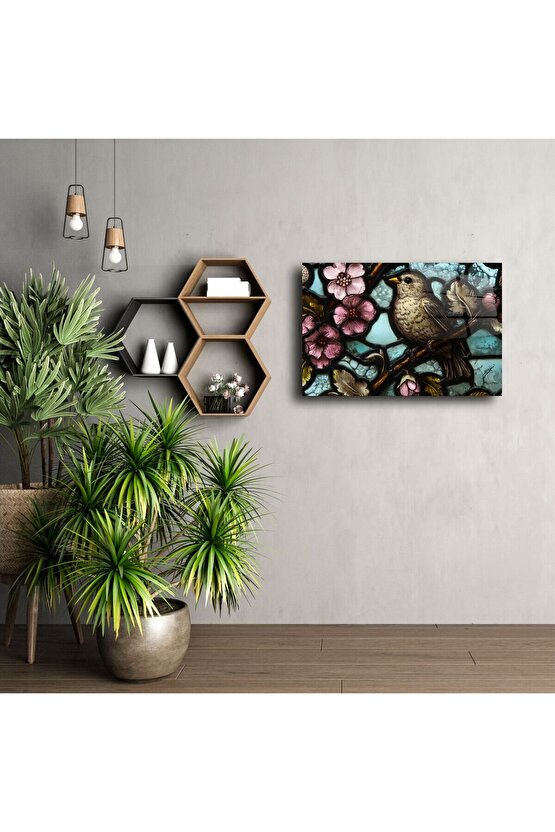 Kuş ve Çiçek Desenli Cam Tablo