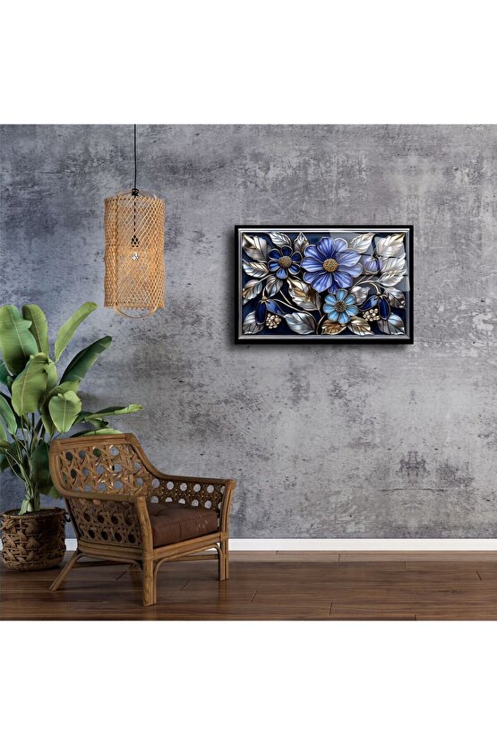 Lacivert Çiçekli Cam Tablo