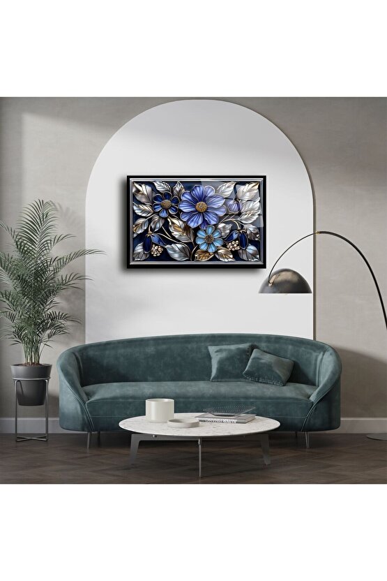 Lacivert Çiçekli Cam Tablo
