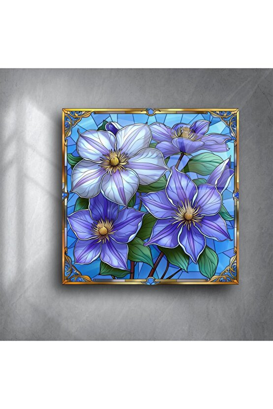 Mor ve Mavi Çiçekli Cam Tablo