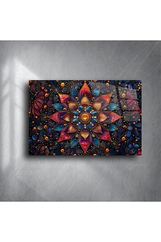 Mandala Desenli Renkli Cam Duvar Tablosu