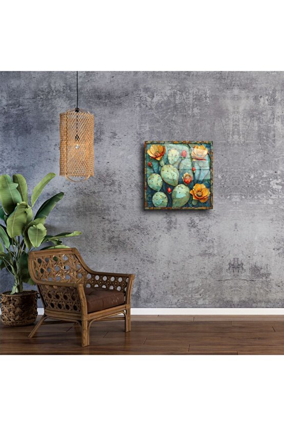 Kaktüs Desenli Cam Duvar Tablosu