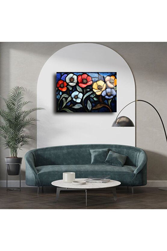 Cam Tablo Vitray Stil Çiçek Deseni