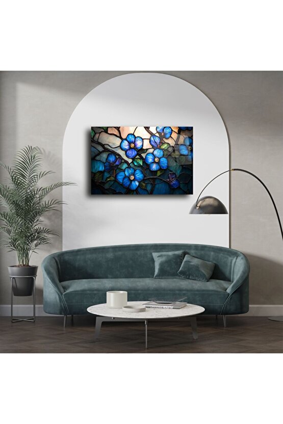 Mavi Çiçekli Vitray Cam Tablo