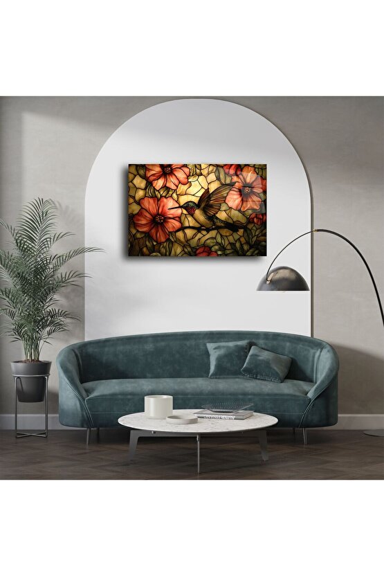 Kuş ve Çiçekli Cam Tablo