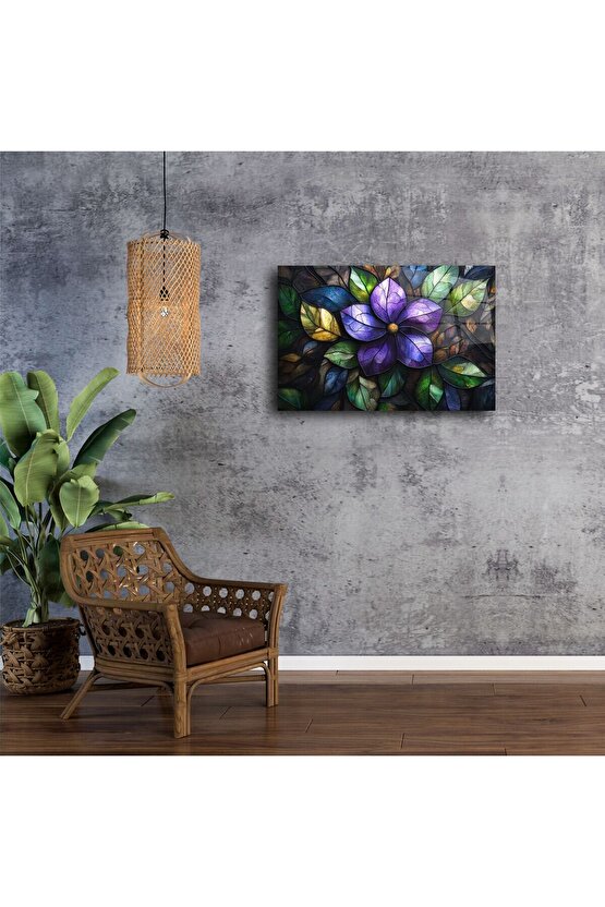 Mor Çiçek Desenli Cam Tablo