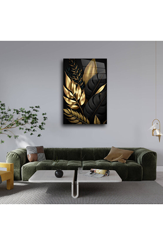 Gold Ve Siyah Yapraklar Cam Tablo Duvar Dekoru