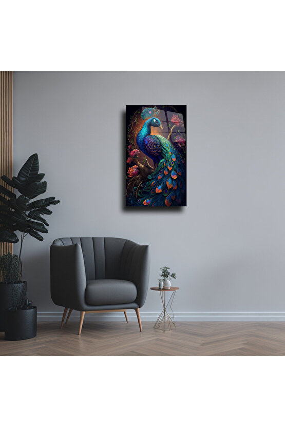Mavi Tavus Kuşu Cam Tablo Duvar Dekoru
