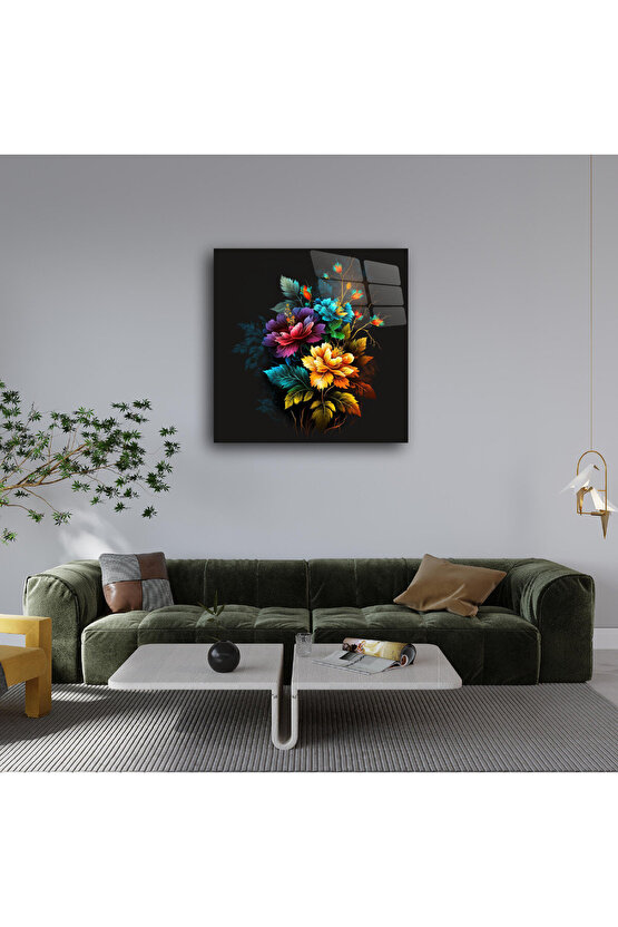 Karışık Renkli Çiçekler Cam Tablo Duvar Dekoru