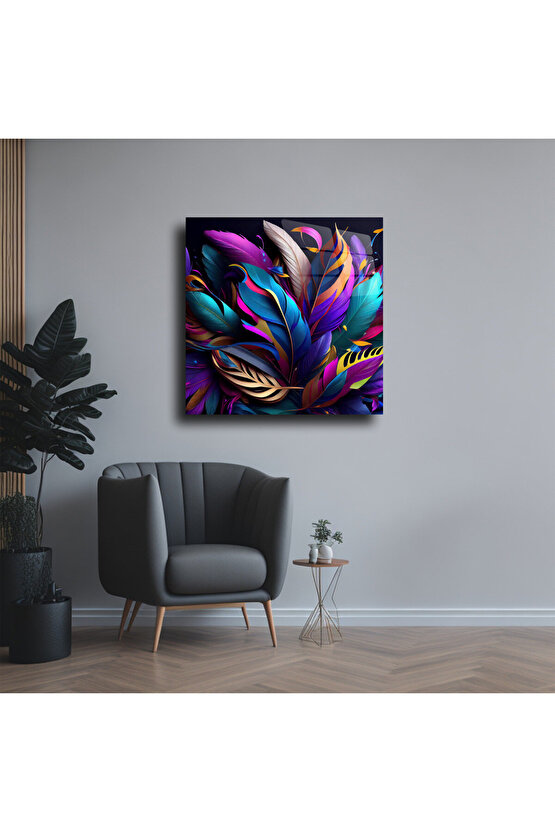 Mor Renk Tüyler ve Yapraklar Cam Tablo Duvar Dekoru