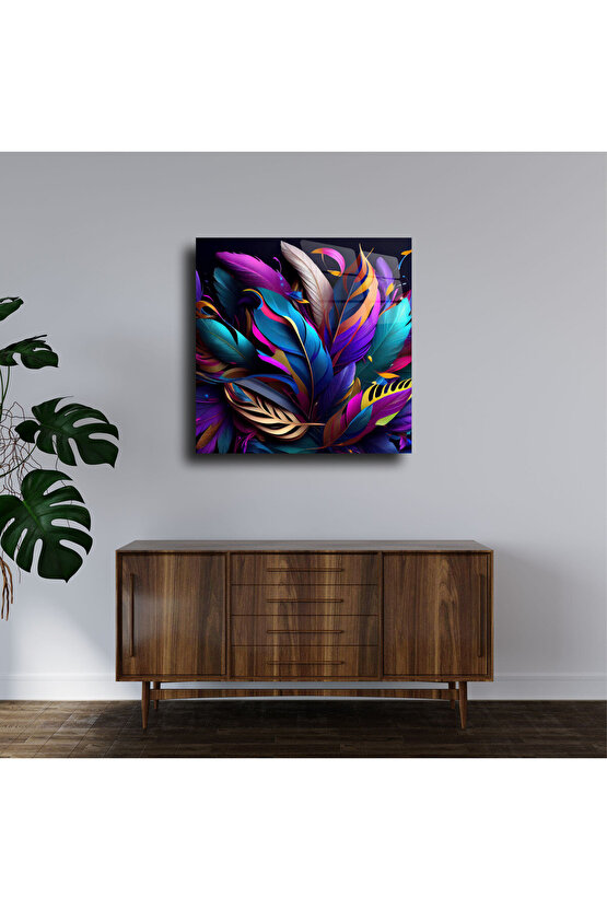 Mor Renk Tüyler ve Yapraklar Cam Tablo Duvar Dekoru