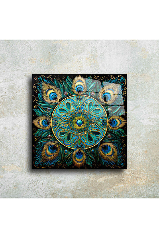 Tavus Kuşu Tüyü Mandala Cam Tablo Duvar Dekoru