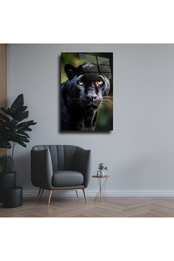 Kara Siyah Panter Cam Tablo Duvar Dekoru