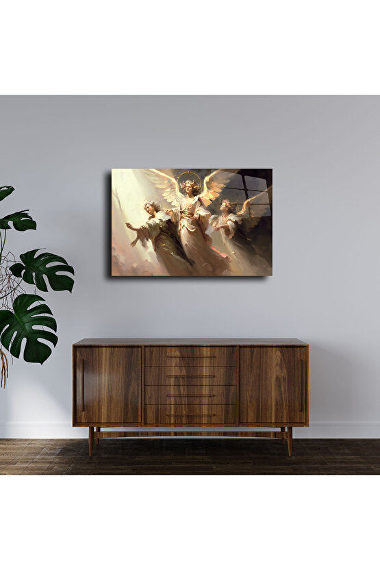 3 Melek Kadın Cam Tablo Duvar Dekoru