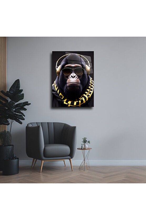 Kulaklıklı Goril Cam Tablo Duvar Dekoru