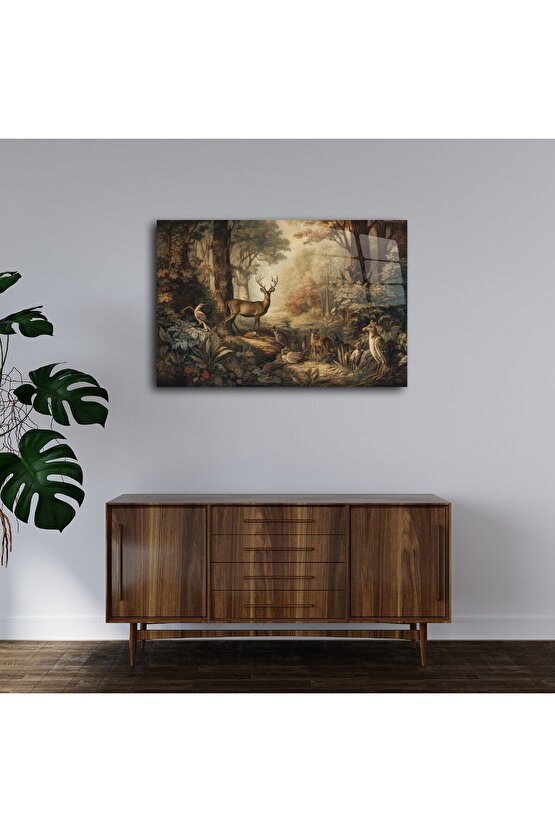 Geyik ve Orman Manzarası Cam Tablo Duvar Dekoru