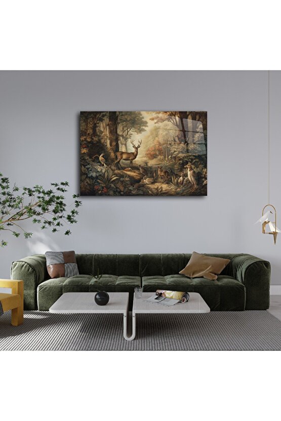 Geyik ve Orman Manzarası Cam Tablo Duvar Dekoru