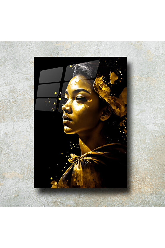 Gold Kadın Görseli Cam Tablo Duvar Dekoru 3