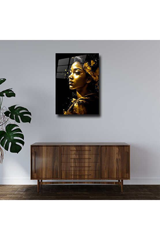 Gold Kadın Görseli Cam Tablo Duvar Dekoru 3
