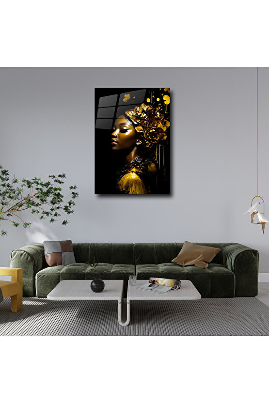 Gold Kadın Görseli Cam Tablo Duvar Dekoru 2