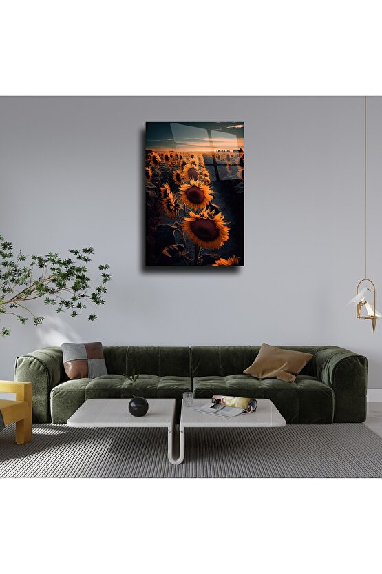 Ay Çiçek Temalı Cam Tablo Duvar Dekoru