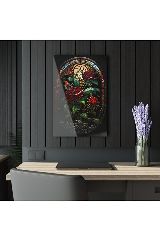 3D Boyutlu Gül Cam Tablo Duvar Dekoru