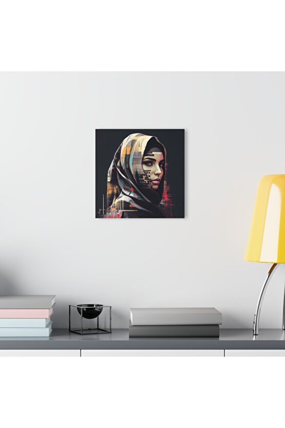 Müslüman Kız Sulu Boya Türban Başörtüsü İslam Cam Tablo Duvar Dekoru 2