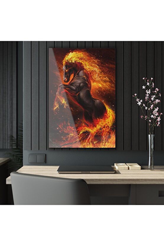 Ateşten At Cam Tablo Duvar Dekoru