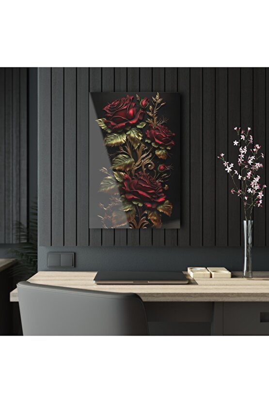 Kırmızı Gold Renkli Gül Cam Tablo Duvar Dekoru