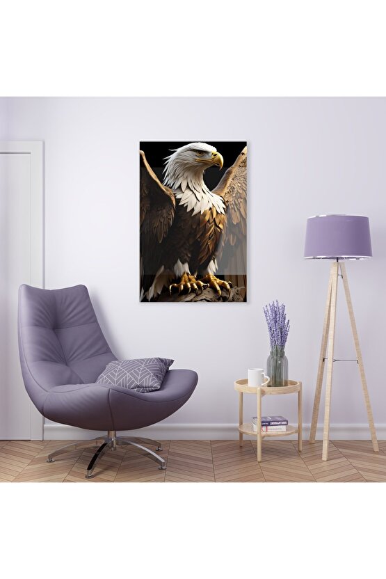 Beyaz Gold Renkli Kartal Cam Tablo Duvar Dekoru