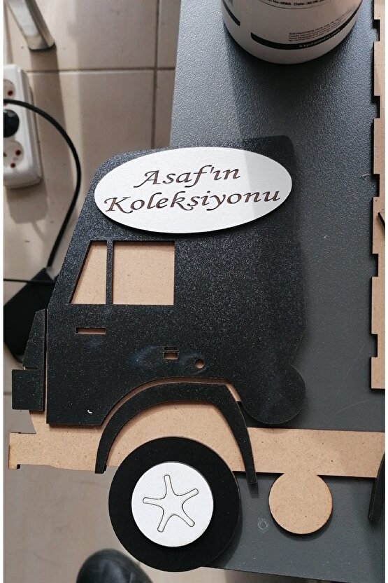 Çift Vagonlu Çocuk Odası Oyuncak Araba Rafı 44 Araç Kapasiteli Kamyon Tır 100x32 Cm Siyah