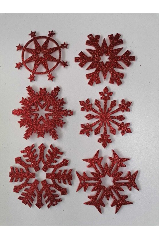 Kırmızı Kar Tanesi Simli Eva Ağaç Ve Hediye Süsü 8x8cm 6lı
