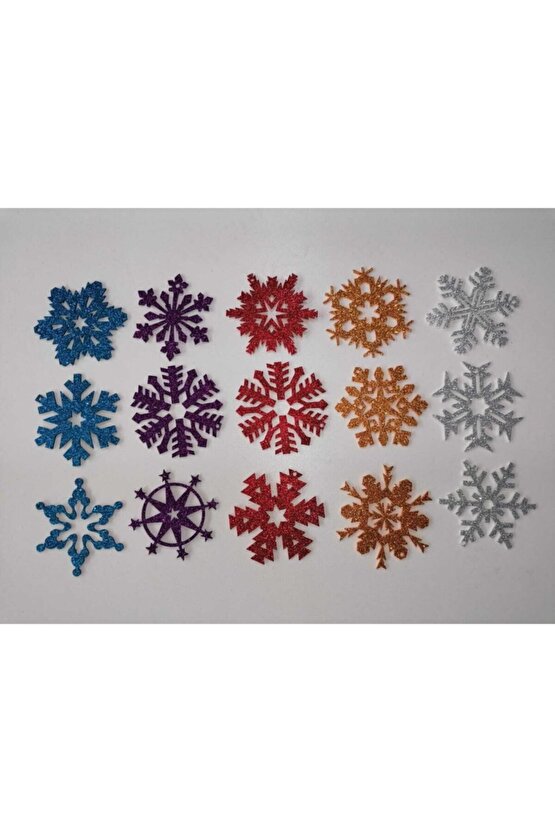 5 Farklı Renkte Kar Tanesi Simli Eva Ağaç Ve Hediye Süsü 8x8cm 15 Li