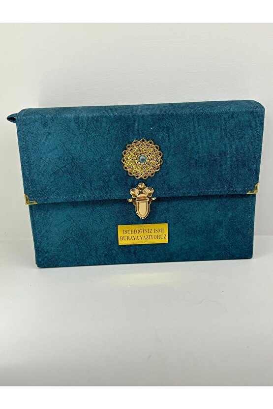 Hatim Cüzü Hatim Seti 30 Cüzü Rahle Boy 20x28 Petrol Nubuk Çantalı Kadife Kuranı Kerim Sesli Dinleme