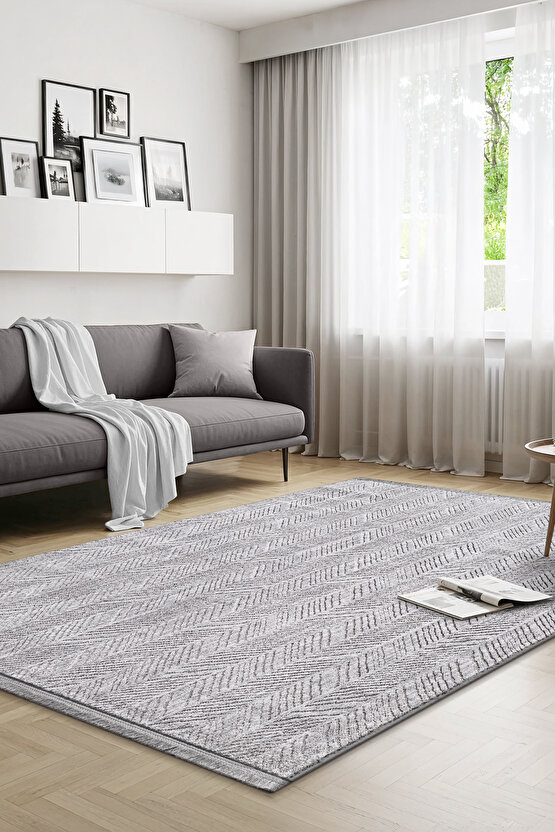 Yalın Modern Dokuma Halı Kaymaz Tabanlı Yıkanabilir Salon ve Oturma Odası Halısı 5577 Gri