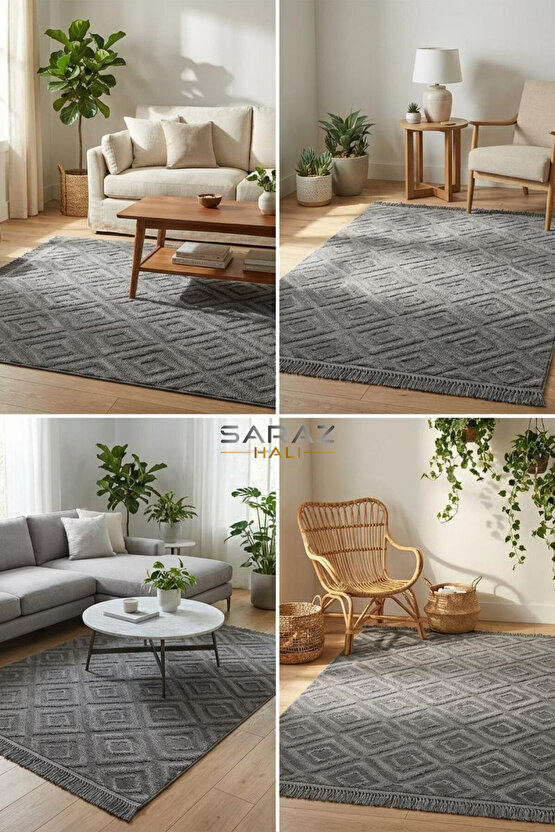 Dizayn Kaymaz Taban Koridor Halısı Kesme Yolluk Mutfak Halısı Modern Salon Halısı 1089 ANTRASİT