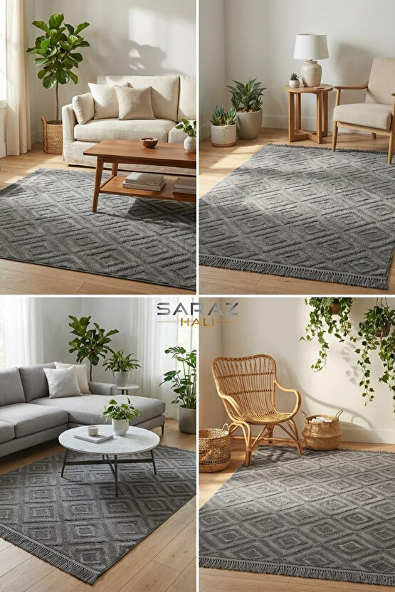 Dizayn Kaymaz Taban Koridor Halısı Kesme Yolluk Mutfak Halısı Modern Salon Halısı 1089 ANTRASİT