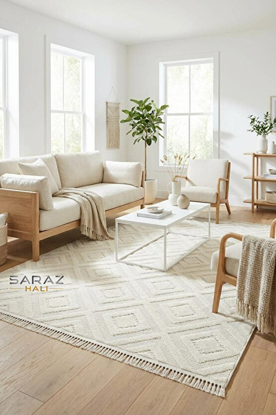 Dizayn Kaymaz Taban Koridor Halısı Kesme Yolluk Mutfak Halısı Modern Salon Halısı 1089 KREM