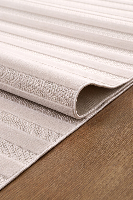 Kadife Bambu Dokuma Modern Kaymaz Salon Halısı Mutfak Halısı Koridor Halısı Yolluk Çizgi Bej