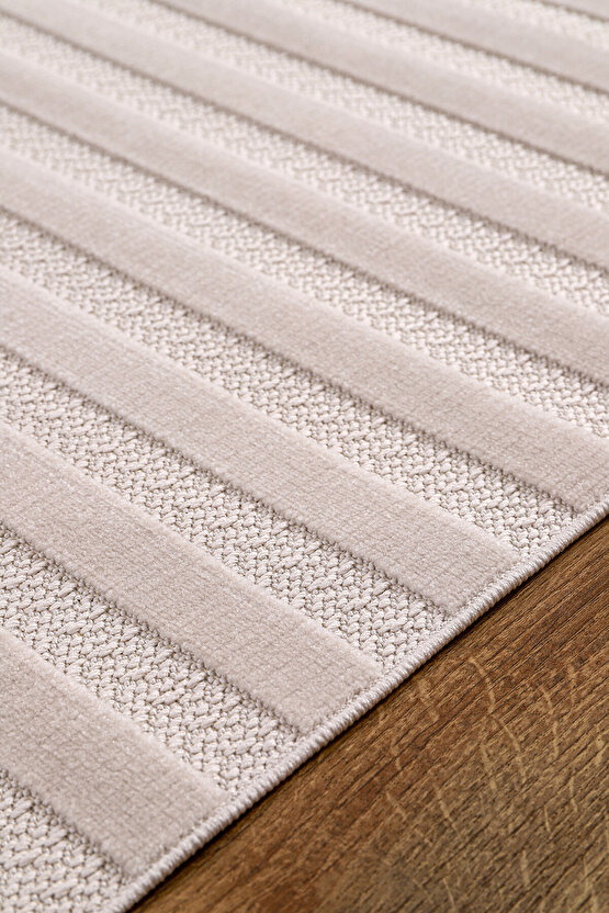 Kadife Bambu Dokuma Modern Kaymaz Salon Halısı Mutfak Halısı Koridor Halısı Yolluk Çizgi Bej