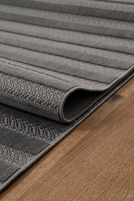 Kadife Bambu Dokuma Modern Kaymaz Salon Halısı Mutfak Halısı Koridor Halısı Yolluk Çizgi Antrasit